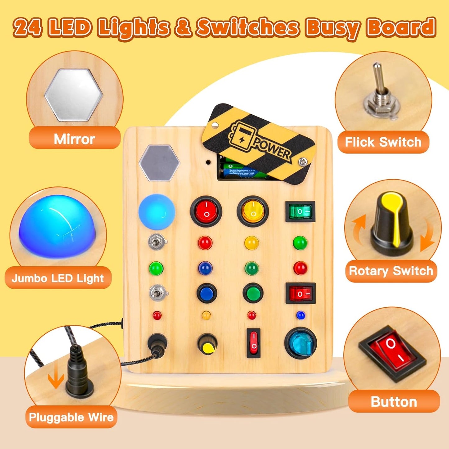 Busy Board Montessori Toys for Toddler, Wooden Sensory Board Switch Toy with Shape Sorter LED Light Up Toys Educational Plane Travel Activity for Girls & Boys
