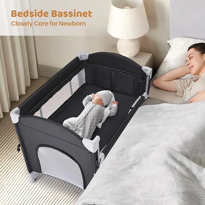 JOYMOR Pack and Play with Changing Table, 5-in-1 Portable Baby Bedside Bassinet with Storage, Travel Crib with Carry Bag, Compact Fold (Black)