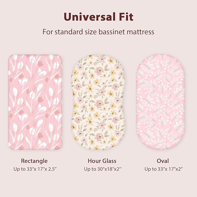 Baby Bassinet Sheets Girl Boy, Fitted Bassinet Sheet Set 3 Pack Bassinet Mattress Sheets Universal Fit for Rectangle, Round, Oval, Hourglass Mattress, Soft Breathable Pink Flowers & Leaf