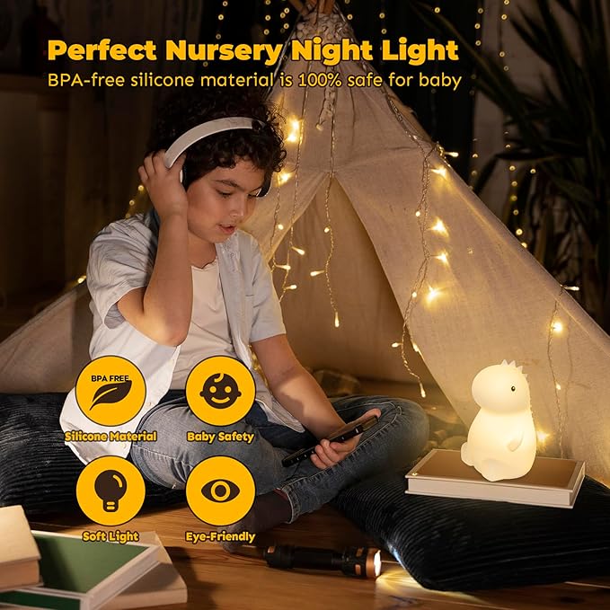 LED Squishy Animal Night Light - 2 Level Dimmable Nursery Lamp for Kids, Rechargeable Touch Lamp, Cute Dorm Decor - Perfect Baby Boys Girls Gift (Little Dinosaur)