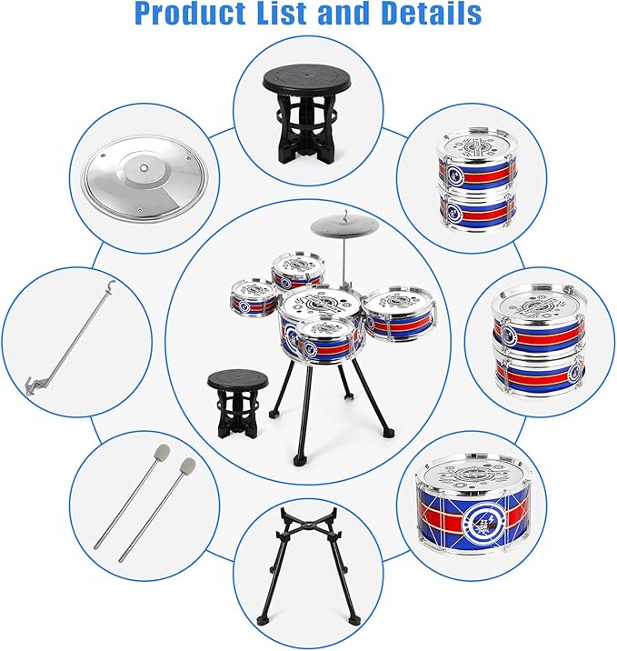 Kids Drum Set, 8 PCS Drum Set for Toddlers 1-3, Kids Jazz Drums Ages 5-7 Musical Instruments Toys for Beginner Boys Girls Gifts -Blue