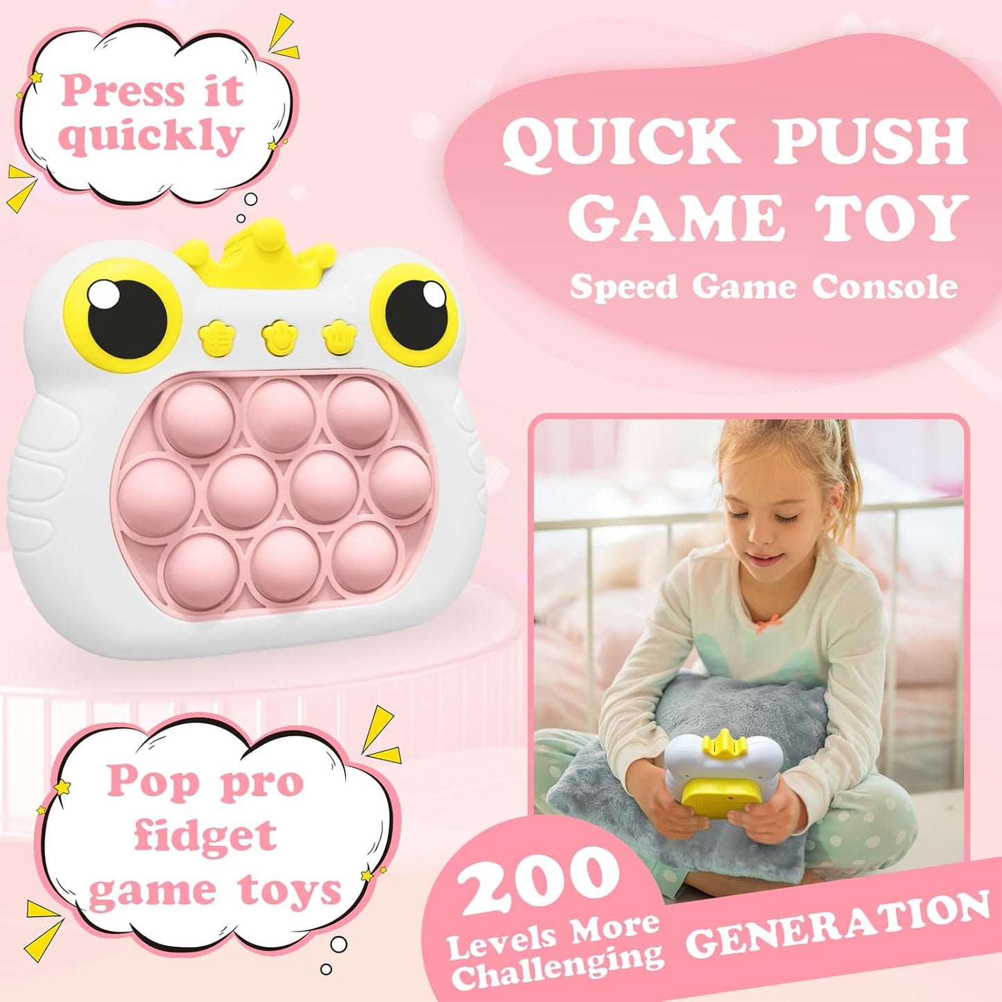 Pop Fidget Toys, Quick Push Pop Pro Light Up Game, Bubble Pop Fidget Game Controller Handheld Travel Game Toys for Kids 3-12 Years Old Stress Relief Decompression Push Puzzle Game Console Toys