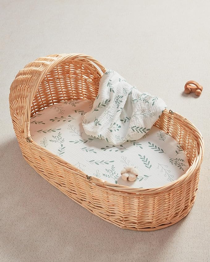 JELLYMONI 2-Pack Muslin Bassinet Sheets for Girls Boys, 100% Cotton Bassinet Mattress Sheets Soft Breathable Universal Fit for Baby Bassinets, Moses Basket, Hourglass Oval and Rectangle Mattress