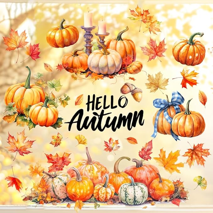 Autumn Window Decals Decorations Kit - Hello Autumn, Maple Leaf, Flower Pumpkin Designs | Reusable Static Cling for Home, Office Glass Fall Decor