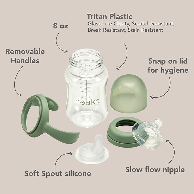 noüka Transitional Baby Bottle/Sippy Cup | Non Spill | Easy Grip Double Handles | Dishwasher Friendly | Moss | Size 8 Oz