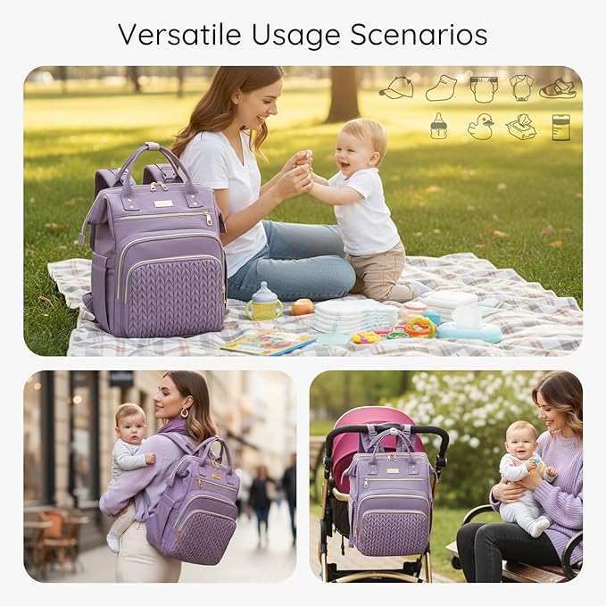 AIJIEKE Diaper Bag, Large Wide-Open Baby Diaper Backpack, Multi-functional Baby Travel Tote Bag, Diaper Bag with Changing Pad, Diaper Bags for Mom & Maternity (Purple)
