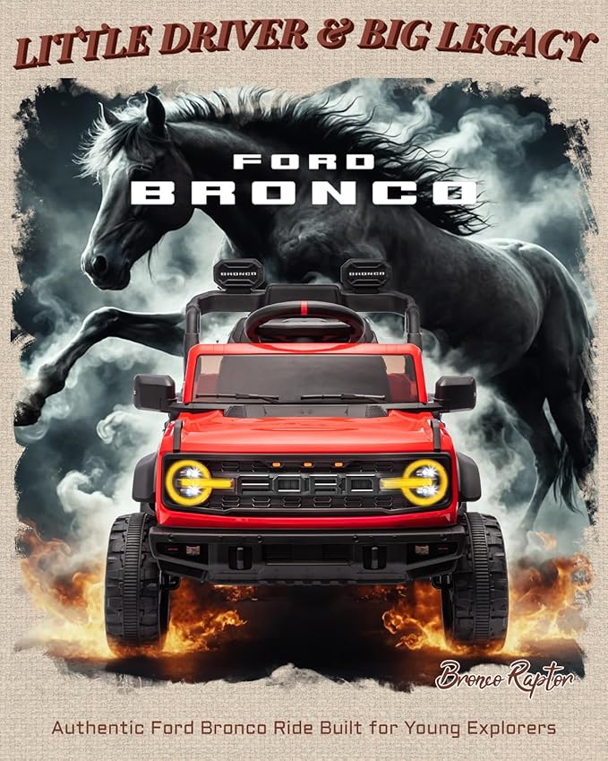 Ford Bronco Raptor Licensed 12V Ride on Toys, Kids Ride on Car with Remote Control, Electric Car for Toddler with Smooth Start, Openable Doors, MP3 Player, 3 Speeds (12V, Red)