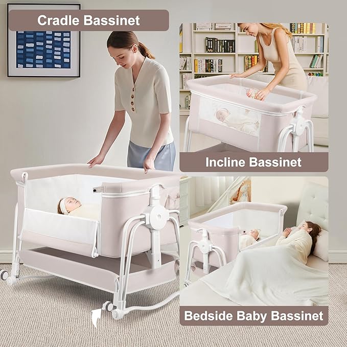 4 in 1 Baby Bassinet Bedside Sleeper, Rocking Baby Crib with Lockable Wheels, Storage, Mosquito Net and Matress Included, 7 Level Adjustable Bedside Bassinet for Baby Newborn(Cream)
