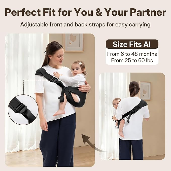 Toddler Carrier for 25-60 lbs,Comfortable&Lightweight Baby Sling Carrier,Adjustable with Left/Right Shoulder Straps,One Size Fits All,Ideal for Shopping and Travel-Black