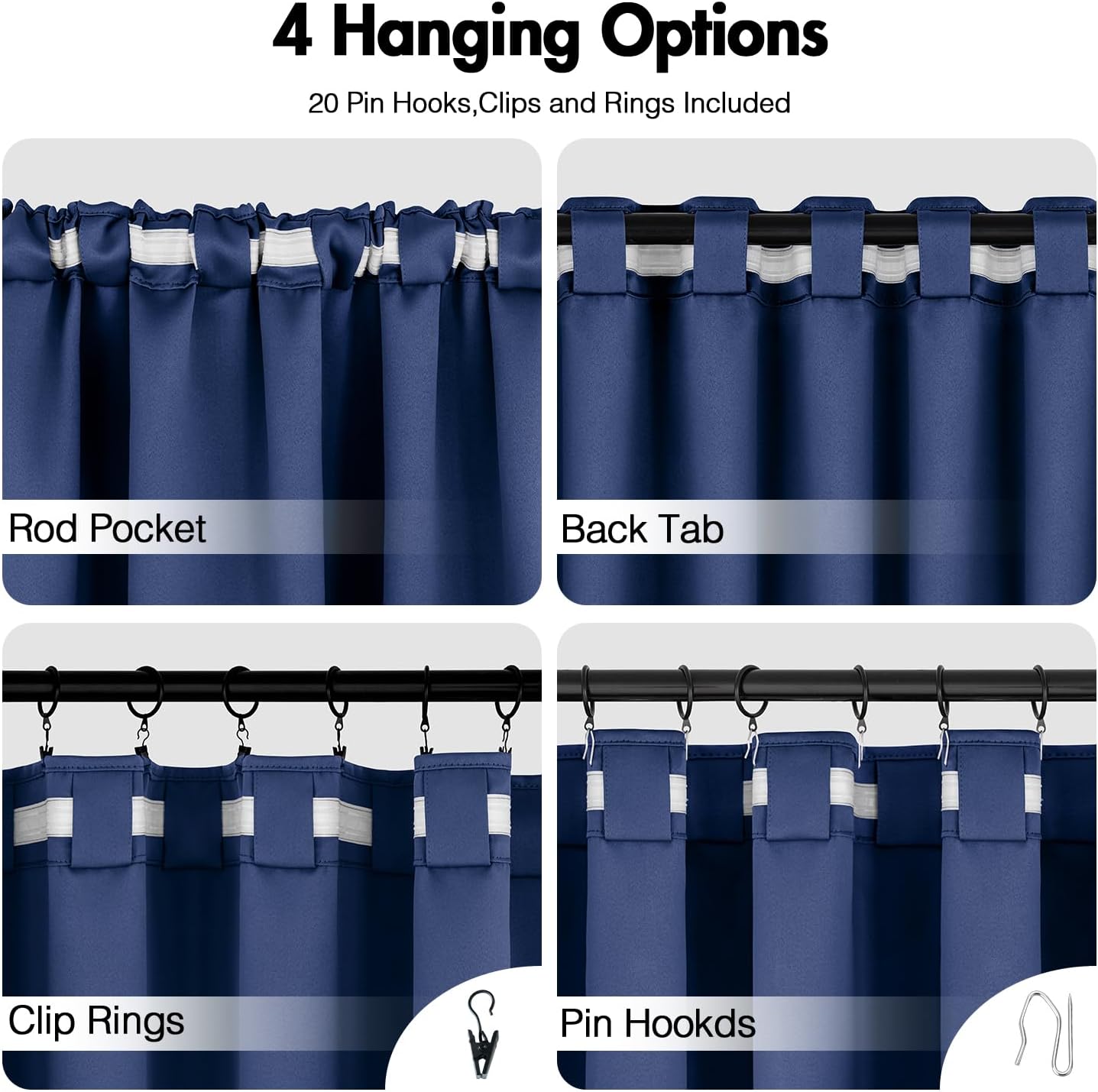 ANRODUO Back Tab Blackout Curtains for Bedroom Living Room, Rod Pocket Pinch Pleated Thermal Insulated Room Darkening Curtains 63 Inches Long 2 Panels, Navy Blue, 42 x 63 Inch