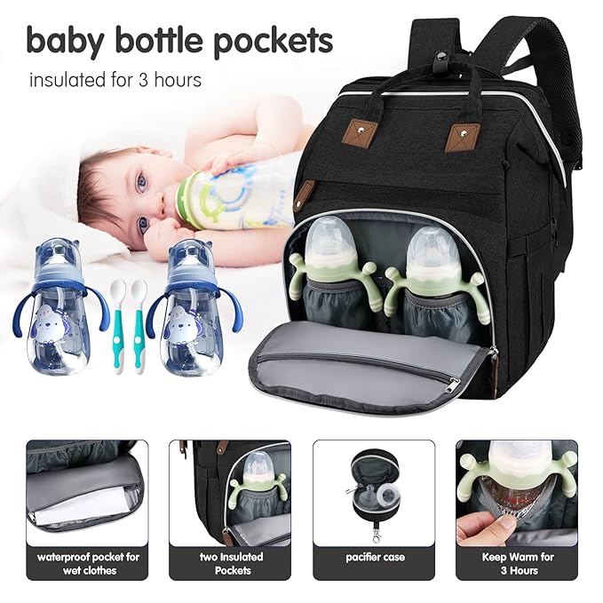 DERJUNSTAR Diaper Bag Backpack, Large Baby Bag with Changing Pad, Thick Padded Back & Straps, Laptop Compartment, Waterproof Travel Backpack with USB Port, Multi-Function for Mom & Dad, Black