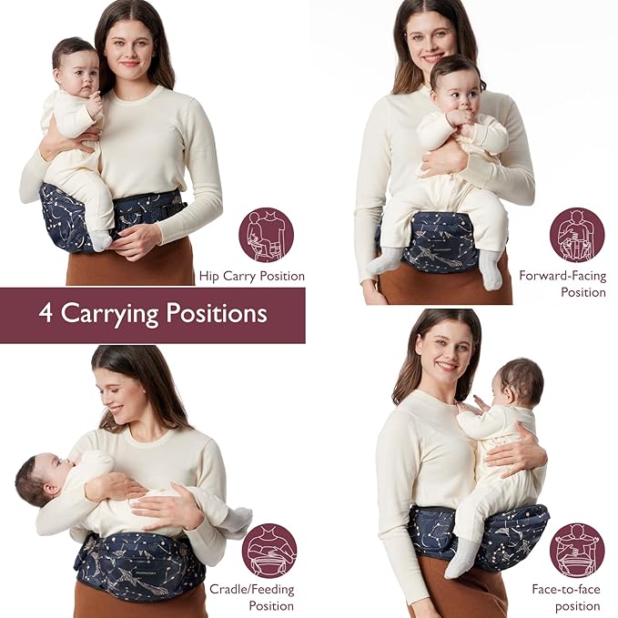 Momcozy Hip Seat Baby Carrier - Adjustable Waistband with Original 3D Belly Protector, Ergonomic Carrier with Various Pockets for Newborns & Toddlers up to 45lbs (Starry Sky, Medium)