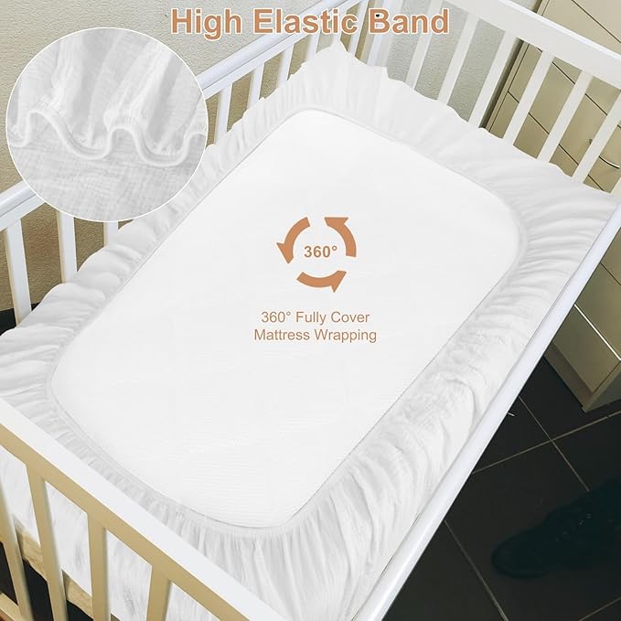 2 Pack Muslin Fitted Crib Sheets for Baby Girls & Boys-Neutral Breathable Crib Mattress Protector for Standard Crib Mattress (28"x 52") -White Crib Sheets No Slip Toddler Cotton Bedding