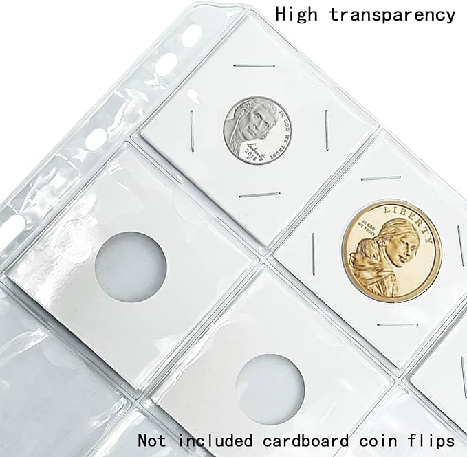15 Sheets 300 Pockets Coin Pocket Pages for 2" x 2" Cardboard Coin Flips, Standard 9-Hole for Coins Coin Binder Collection Supplies Pages