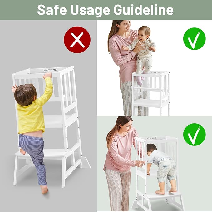 COSYLAND Kids Kitchen Step Stool, Height Adjustable Toddler Standing Tower Nursery Helper with CPC & FSC Certification, Removable Safety Railing Enjoys Exclusive Paten，White