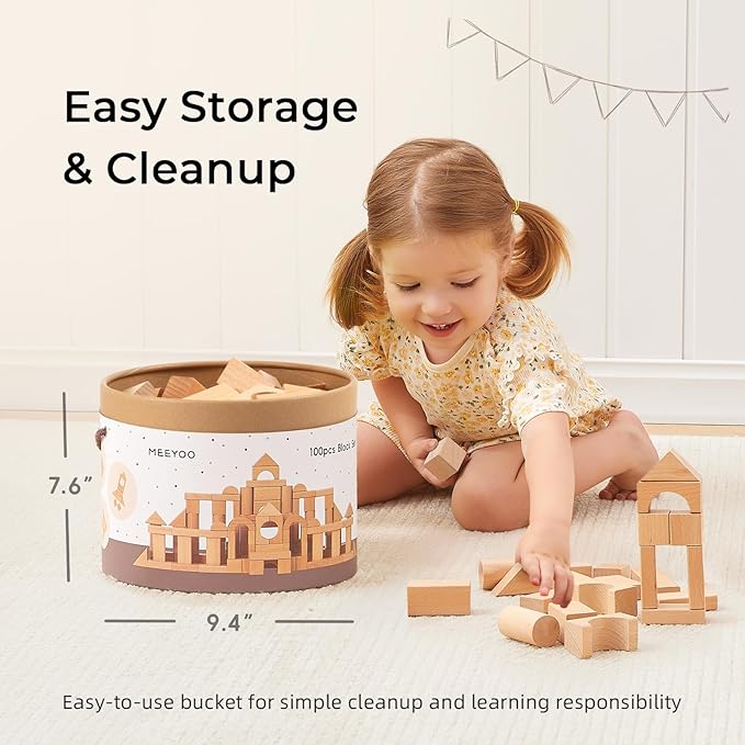 100pcs Natural Beech Wooden Building Blocks for Toddlers 1-3, Wooden Blocks for Baby Shower with Storage Bucket, Montessori Toys for Preschool Girls and Boys
