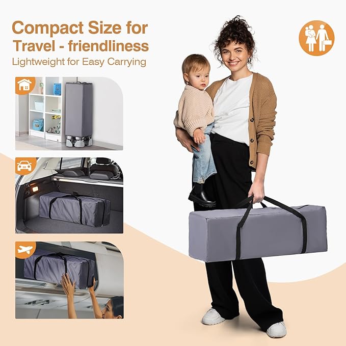 JOYMOR Pack and Play with Changing Table, 5-in-1 Portable Baby Bedside Bassinet with Storage, Travel Crib with Carry Bag, Compact Fold (Gray)