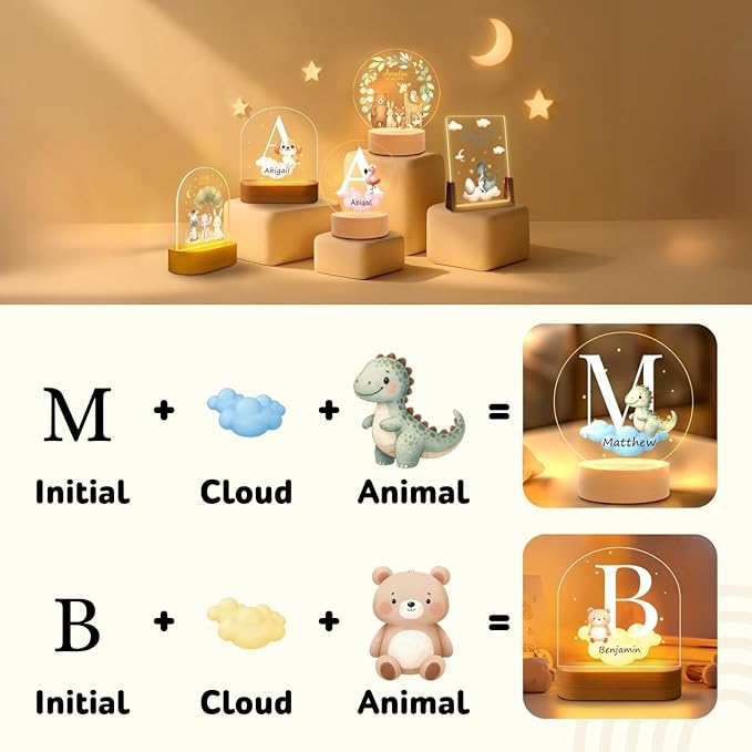 Custom Baby Gift Night Light for Baby Boys Girls Nursery Decor, Personalized Initial Name LED Night Light with Wooden Base, LED Color-Changing Lamp for Toddlers Kids 2
