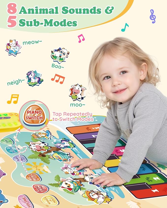 3-in-1 Musical Mat Toys for Toddlers, Led Light Up Mole Bashing & Piano Keyboard & Animal Sounds with 2 Drum Sticks,Early Educational Musical Learning Toys, Birthday Gifts for 3+ Boys & Girls