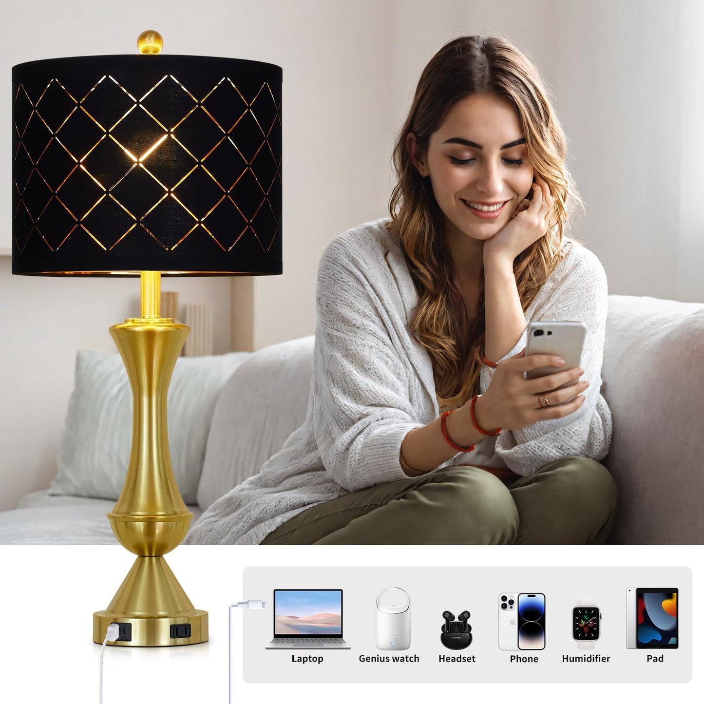 29" Gold Modern Table Lamps Set of 2, 3-Way Dimmable Touch Lamps for Nightstand with USB A+C & Outlets,Brass Lamps for Living Room, Bedroom, Nightstand, Entryway(2 Bulbs Included)