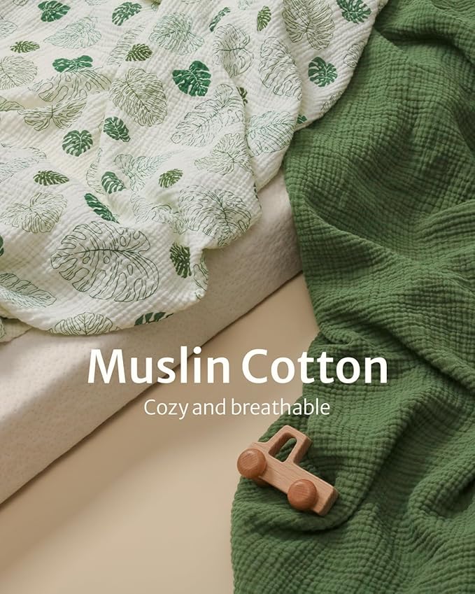 Blissful Diary Muslin Bassinet Sheets for Baby Girls Boys, Boho Soft Cotton Fitted for Oval Hourglass Rectangle Mattress, 2 Pack(Monstera&Dark Green)