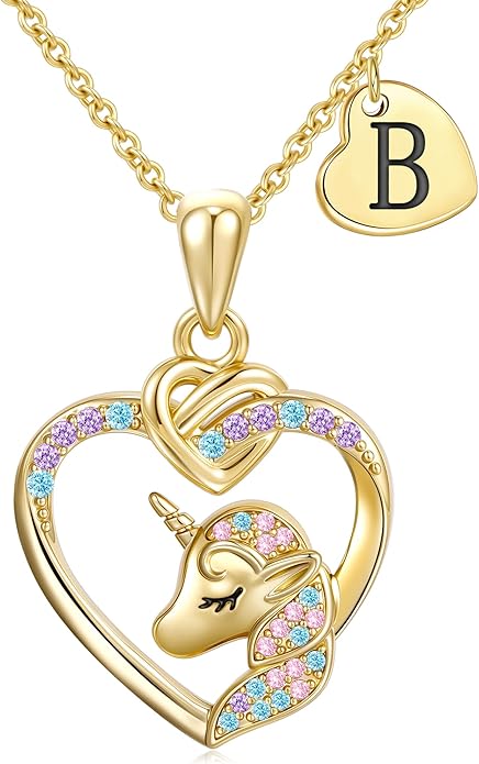 Unicorn Initial Necklaces Gifts for Girls Kids - 14K Real Gold Plated Heart Initial Unicorn Necklace Teen Girls Gifts Trendy Stuff Heart Letter Necklace for Women Girl Kids