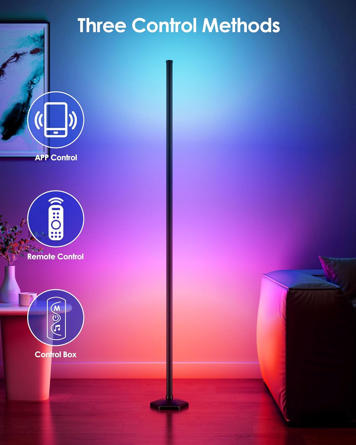 2PCS Smart RGB LED Corner Floor Lamp with App and Remote Control, 65" Color Changing Standing Lamp with Music Sync and 16 Million DIY Colors, Modern Floor Lamps for Bedroom Living Room Gaming Rooms