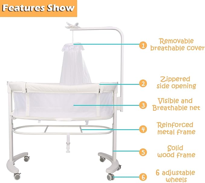 COLOR TREE Baby Bassinet Bedside Sleeper Bedside Crib with 6 Wheels, Mosquito Net, Comfy Mattress for Newborn Baby/Infant, Portable