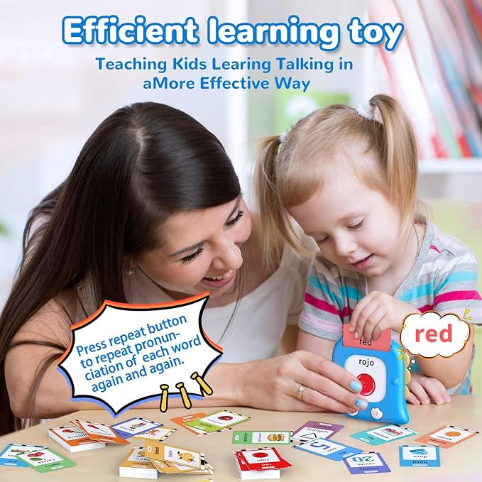 Kidzdo 520 Bilingual Spanish English Talking Flash Cards, Christmas Birthday Gifts for 2 3 4 5 6 Year Old Boys, Montessori Pocket Speech Therapy Toys, Portable Toddlers Toys for Ages 2-6 Kids, Blue