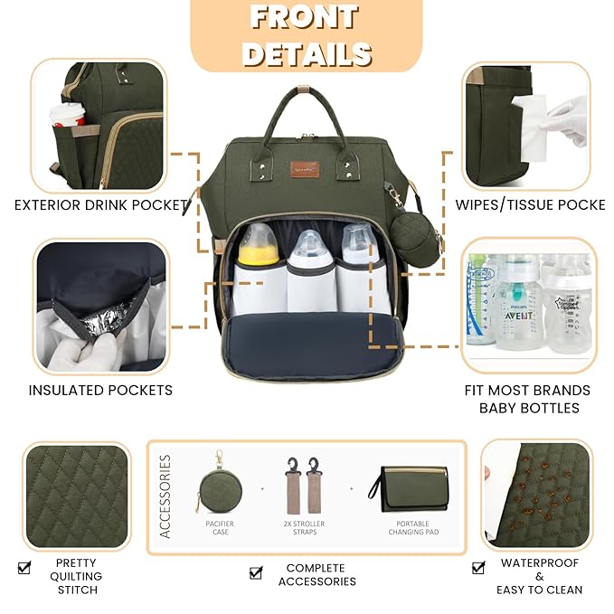 Diaper Bag Backpack with Changing Pad, Pacifier Case, Baby Bag for Boy Girl Toddler - Large, Stylish, Waterproof Travel Quilted Diaper Bag for Mom - Baby Shower - Army Green