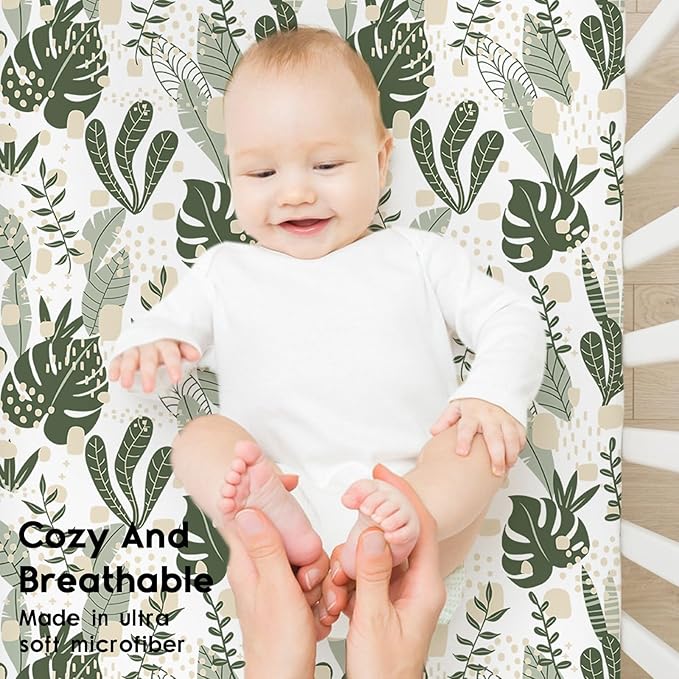 Yoofoss Baby Crib Sheets for Boys Girls, Fitted Crib Sheet 2 Pack for Standard Crib and Toddler Mattress, Super Soft Microfiber Baby Sheet 28x52x8in Green + Banana Leaves