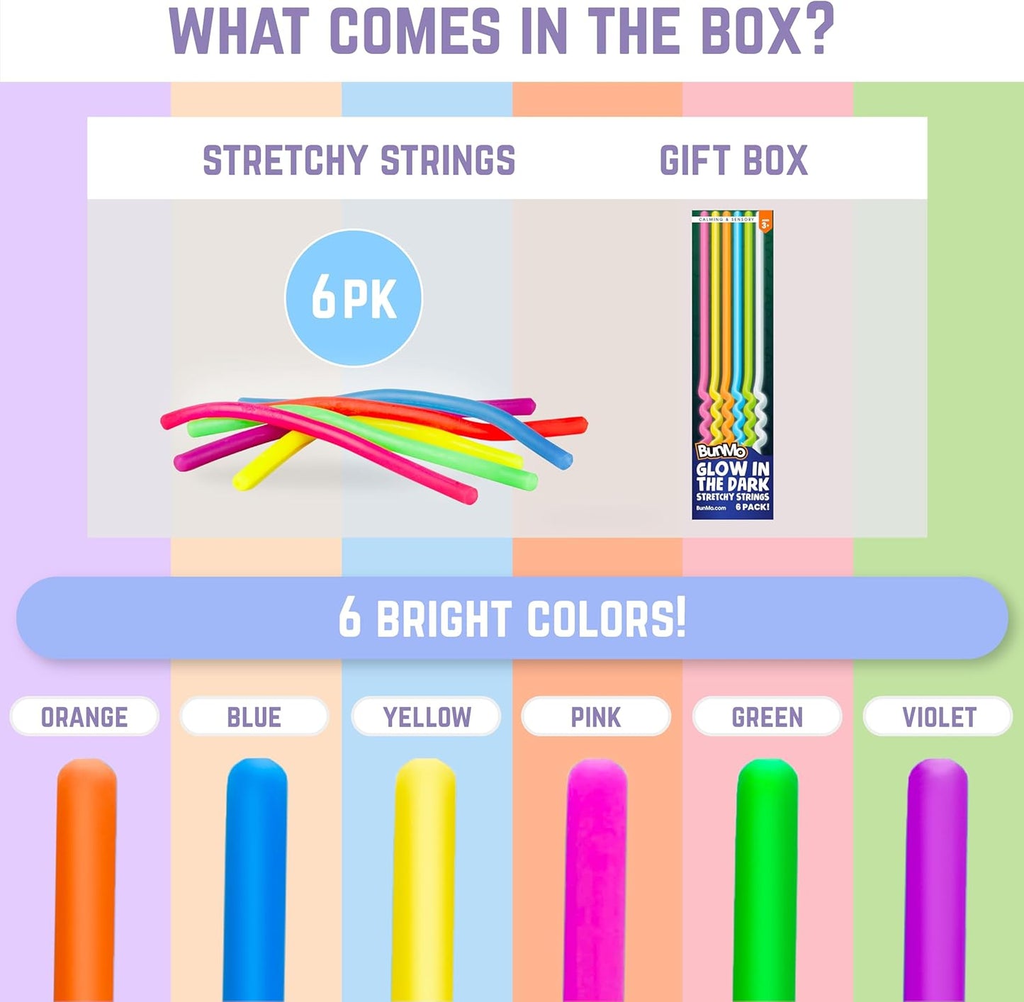 BUNMO Stretchy Strings - Sensory Toys for Toddlers 1-3 - Stimulating & Addictive Sensory Toys for Kids with Autism - Fidget Toy for Anxiety & Stress Relief - Hours of Fun for Kids - Glow 6pk