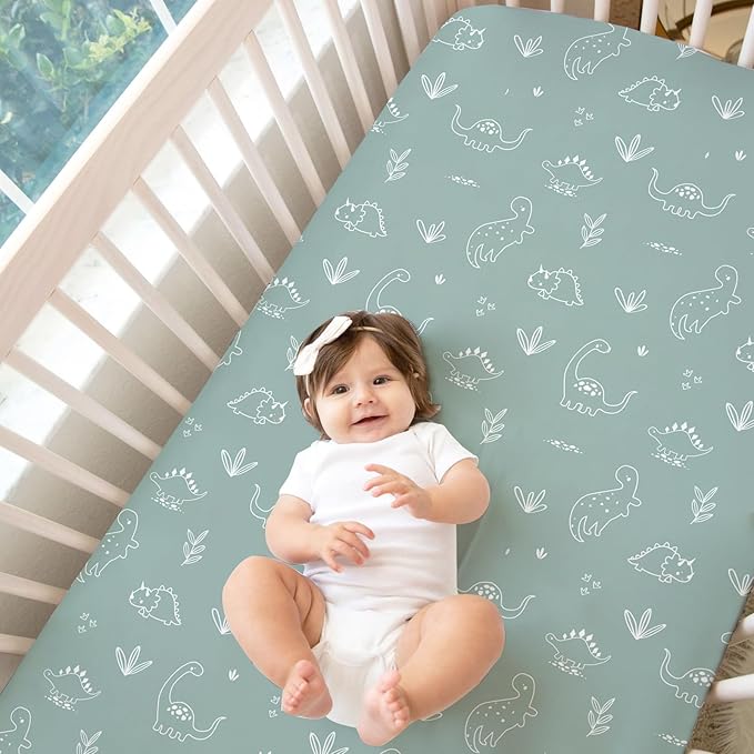 BROLEX Baby Fitted Crib Sheets: Kid Crib Sheets - Set of 2 for Toddler Standard Size Crib Mattress for Boys and Girls - Jersey Knit Crib Bed Sheets Cute Dinosaurs