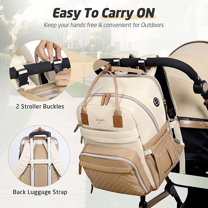 Diaper Bag Backpack - Extra Large Diaper Bag for 2 Kids Twin, Travel Baby Bags for Mom Dad 25-37L Expandable with Changing Pad Earphone Hole, Apricot Beige