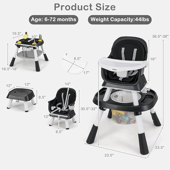 INFANS 9 in 1 High Chair, Convertible Baby Highchair for Babies and Toddlers, Table and Chair Set Building Block Infant Dining Booster Seat, Kids Stool with Activity Children Play Kitchen(Black)
