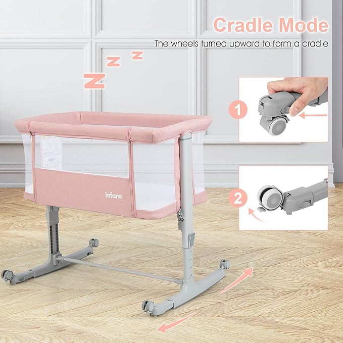 INFANS 3 in 1 Baby Bassinet, Bedside Sleeper for Newborn, Folding Crib with Mattress, Travel Bag, Wheels, 4-Sided Mesh, Easy to Assemble Cradle Co Sleeper Stationary, Rock (Pink)