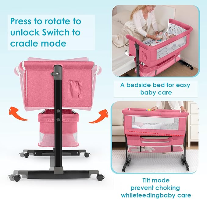 Baby Bassinet, Baby Basinet Bedside Sleeper, Easy to Fold Portable Crib Side Bassinet 2025new Style Girl/boy bassinets (Pink)