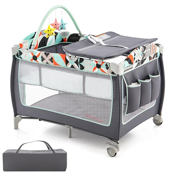 HONEY JOY Pack and Play, 4 in 1 Portable Baby Crib Playpen w/Bassinet, Changing Table, Storage Bag, Hanging Toys, Mattress, Foldable Pack and Play Nursery Center for Infant Boys Girls (Blue)