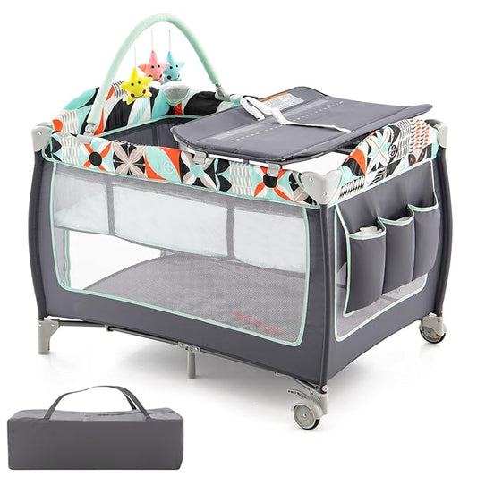 HONEY JOY Pack and Play, 4 in 1 Portable Baby Crib Playpen w/Bassinet, Changing Table, Storage Bag, Hanging Toys, Mattress, Foldable Pack and Play Nursery Center for Infant Boys Girls (Blue)