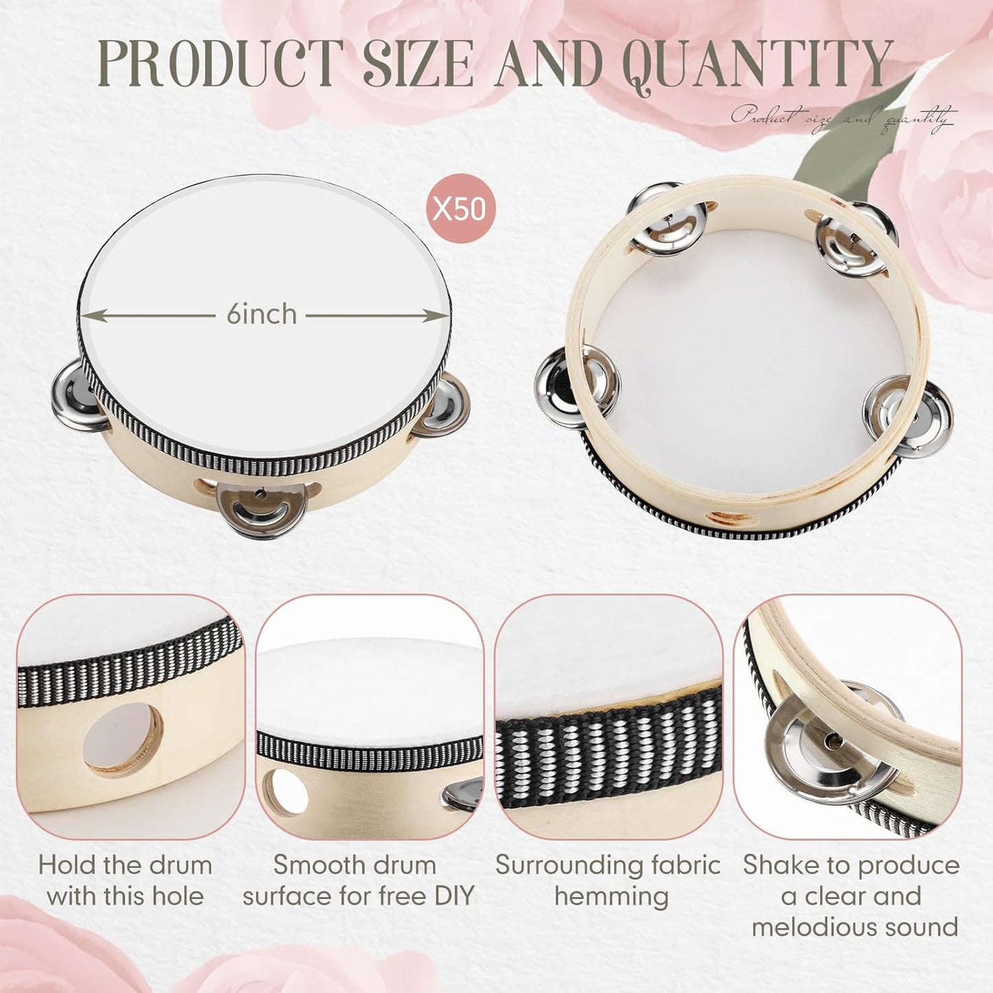 50 Pcs 6 Inch Wedding Tambourine Bulk Drum for Adults Hand Held Percussion Gift Wood Metal Jingles Musical Educational Drum Instrument for Church Wedding Party Favor