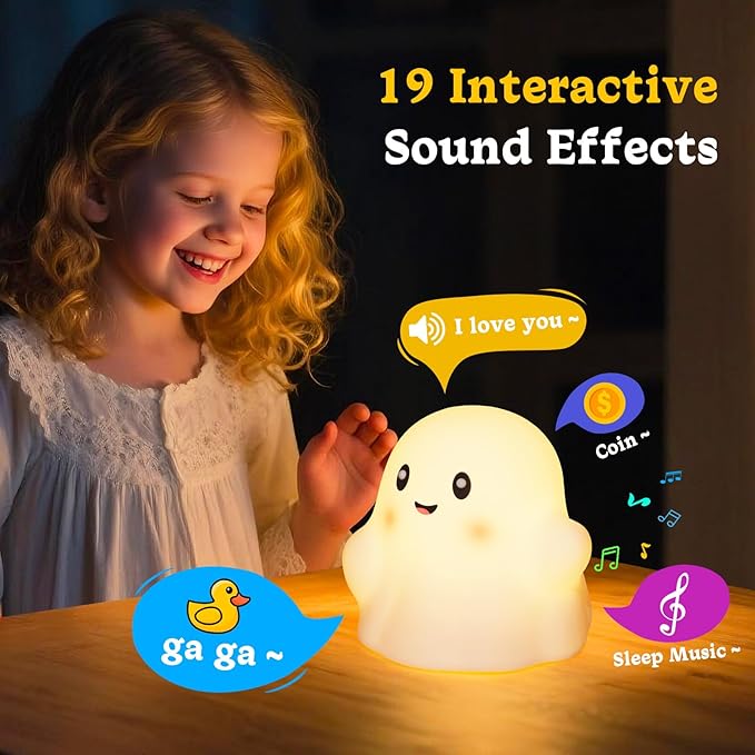 Ghost Night Light for Kids, Cute Nursery Lamp with 19 Interactive Sounds & 3 Light Modes & 30-Min Timer, Rechargeable Silicone Touch Nightlight for Halloween Decor Bedroom (White Ghost)