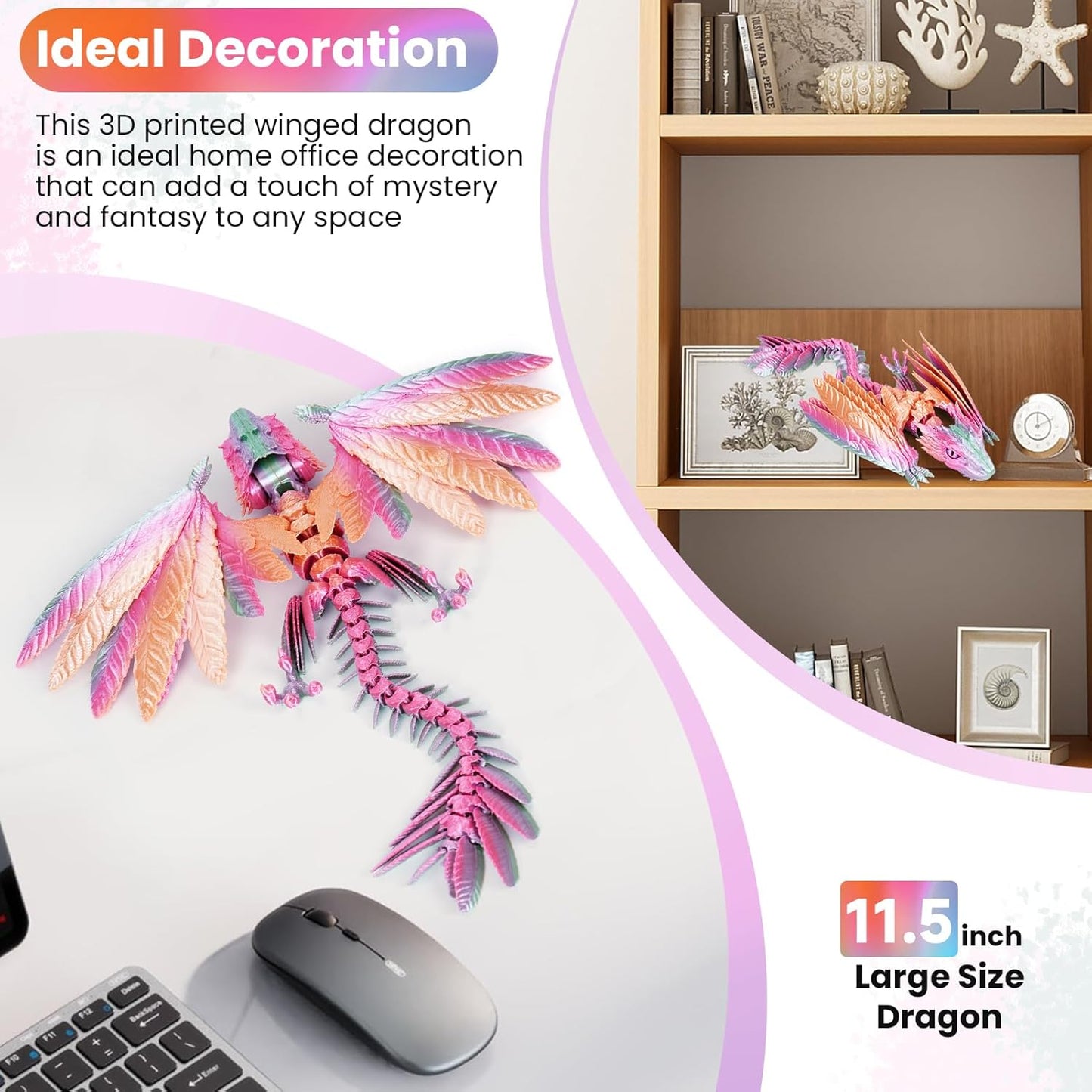 3D Printed Dragon with Wings, Feathered Wyvern Dragon,Full Articulated Crystal Dragon Fidget,Realistic Large Pet Dragon, Flexible Shoulder Dragon Stuff, 3D Printed Animals Toy.