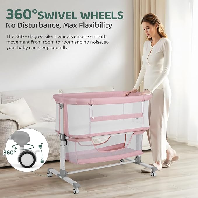 Cowiewie Bassinet Bedside Sleeper, Portable, Breathable, Adjustable Baby Bedside Bassinet for Peaceful Nights, Pink