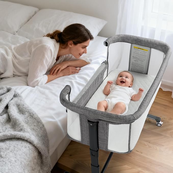 Kinder King Baby Bassinet w/Wheels, Folding Portable Newborn Bedside Sleeper, All-Sided Mesh Infant Crib, Adjustable Height, Removable Soft Mattress, No Tool to Assemble, Grey