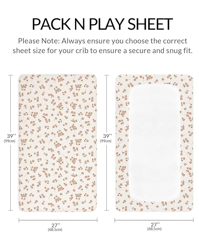Pack and Play Sheets for Baby Boy and Girl 2 Pack, Neutral Muslin Cotton Pack N Play Mattresses Sheet 27"x39", Muslin Nursery Bedding Soft and Breathable Comfort (Floral & Pink)