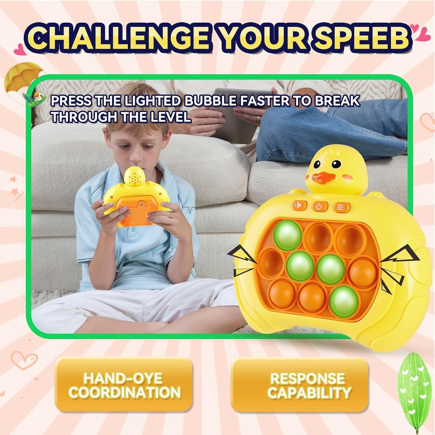 Quick Push Game Toy, Handheld Game Console, Puzzle Game Machine for Kids 6-12, Sensory Fidget Toys for Kids and Adults, Fast Push Game Toys for Boys Girls Gifts Essential - Yellow