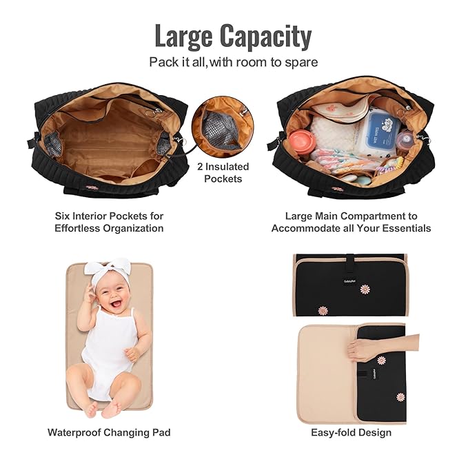 Large Diaper Bag Tote, Maternity Hospital Travel diaper tote, Multifunction baby bag, Baby Nappy Bags, Messenger bag (Medium - Black Flowers)