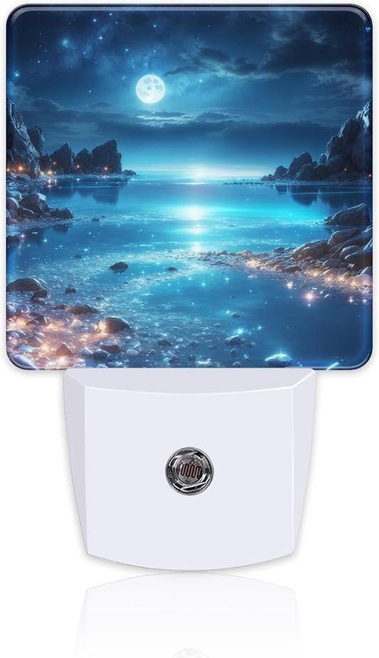 Full Moon and Sparkling Lake Night Light Plug into Wall, Magical Beach Dusk to Dawn Night Light, 0.5w Energy Saving Sleep Friendly Nightlights for Kids Boys Girls Home Decor