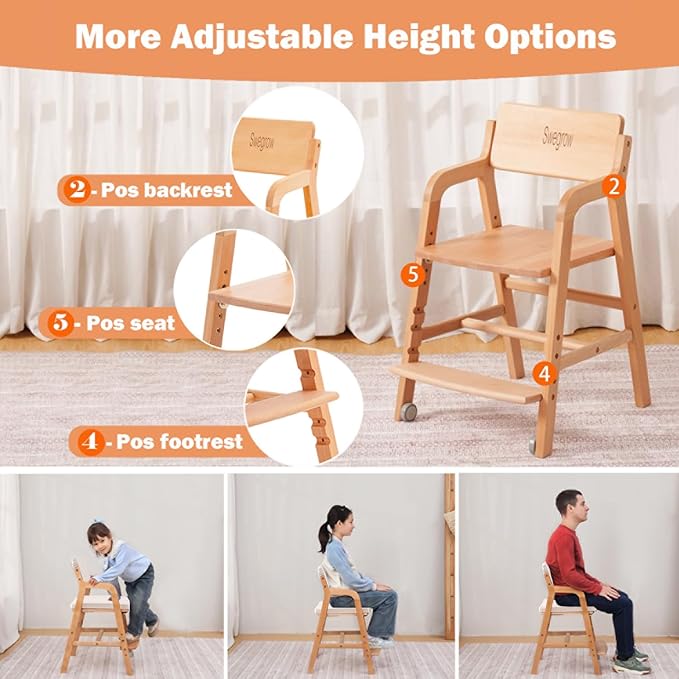 Swegrow Wooden High Chair with 2 Wheels, Adjustable Seat - Backrest - Footrest Heights, Wooden High Chair for Toddlers - Kids and Baby, Kids Dining Chair with Removable Cushion(Beige)