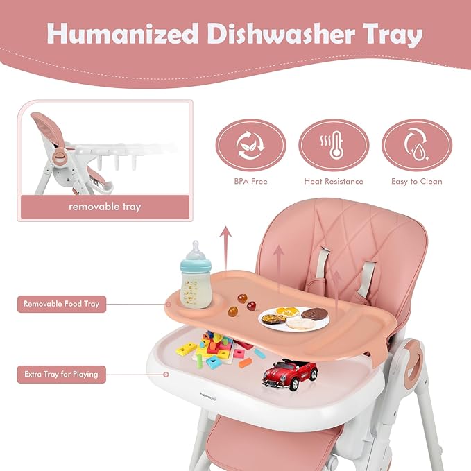 4 in 1 High Chairs for Babies and Toddlers, Foldable Baby High Chairs, Feeding and Eating Seat Highchair with 4 Levels of Recline and 7 Levels of Height Adjustment, Pink